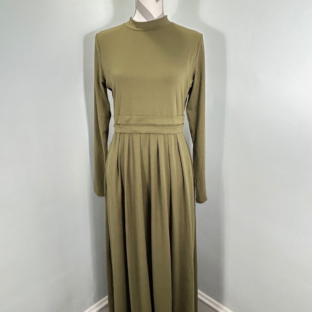 Halara Olive Green Mock Neck Long Sleeve Pleated Maxi Dress Womens Large NWT - Picture 4 of 7